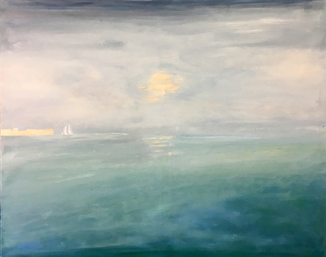 Eine Yacht nähert sich der Küste, 80x100cm, Öl auf Leinwand, 2021